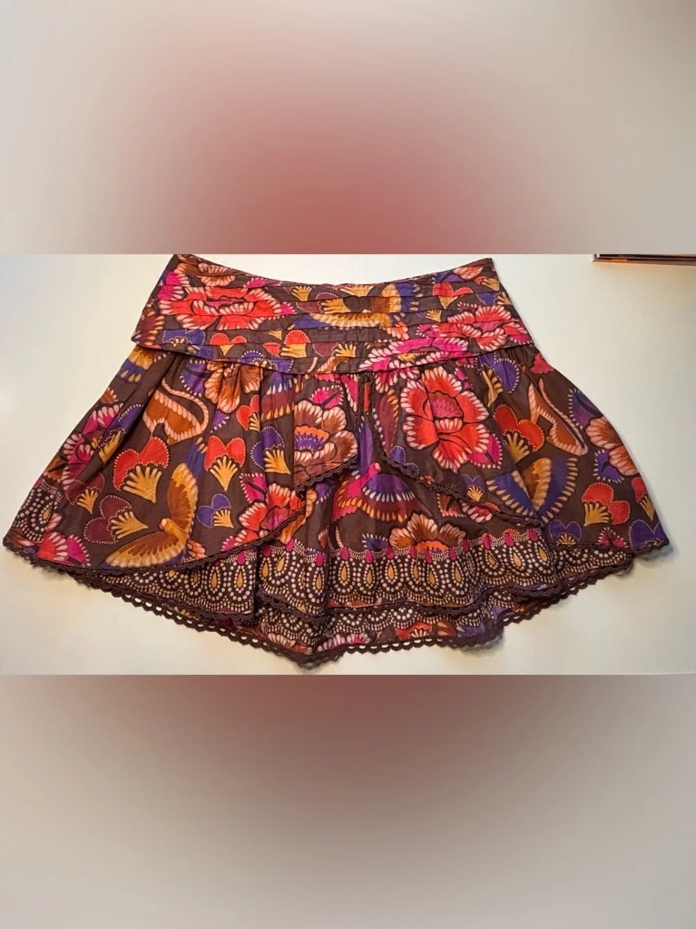 FARM Rio Bright Flora Brown Mini Skirt Size Large NWOT Boho Floral Ruffle